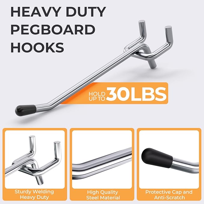 INCLY 50 Pack 4 Inch Pegboard Hooks, 1/4" Heavy Duty Peg Board Hooks Accessories with Rubber Tipped, Peg Board Tool Hangers F