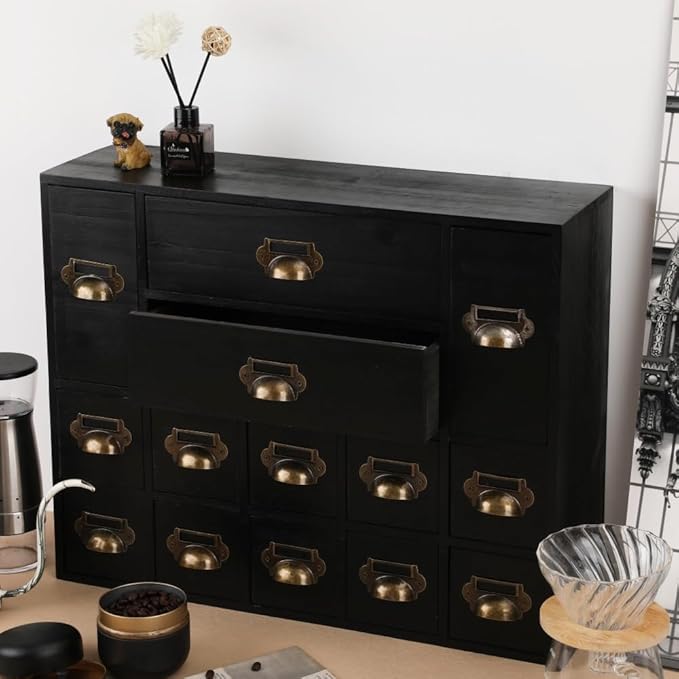 Apothecary Drawers Card Catalog Cabinet with 14 Drawers Wooden Card Catalog Wooden Storage Box for Desktop Organizer (Black)