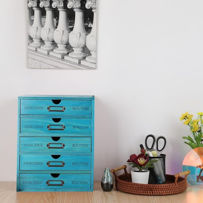 Wooden Storage Box with 5 Drawers Apothecary Drawers Vintage Wooden Drawers Wood Desktop Organizer with Drawer Library Card C