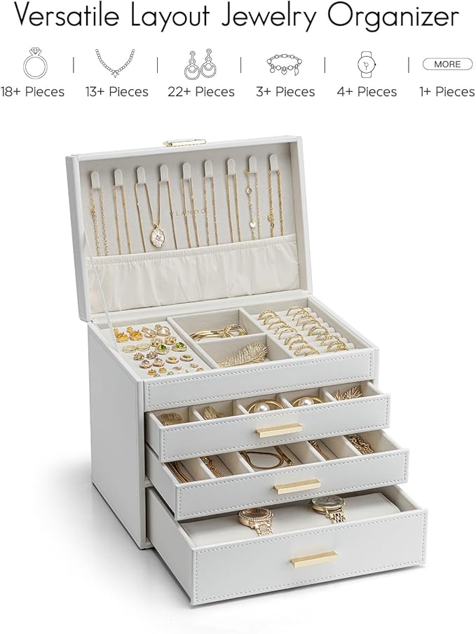 Vlando 4 Layer Large Jewelry Box - Jewelry Holder Organizer, Jewelry Box Organizer for Drawer Necklace Ring Bracelet and Watc