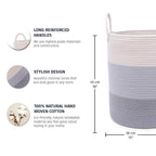 OrganiHaus Large Gray Woven Laundry Basket w/Handles 52L, Rope Dirty Clothes Hamper, Blanket Basket for Living Room, Baby Lau
