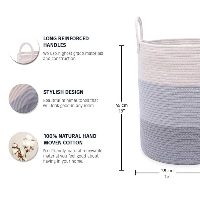 OrganiHaus Large Gray Woven Laundry Basket w/Handles 52L, Rope Dirty Clothes Hamper, Blanket Basket for Living Room, Baby Lau