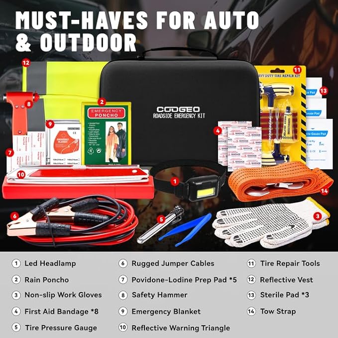 15PC Car Emergency Kit with Jumper Cables, Roadside Assistance Safety Kit for Auto & Truck, Includes Safety Hammers, Tow Stra