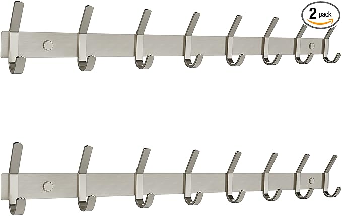 Coat Rack Wall Mount – Brushed Nickel 24 Inch Stainless Steel Hook Rail with 8 Heavy Duty Double Coat Hooks – Wall Mounted Co
