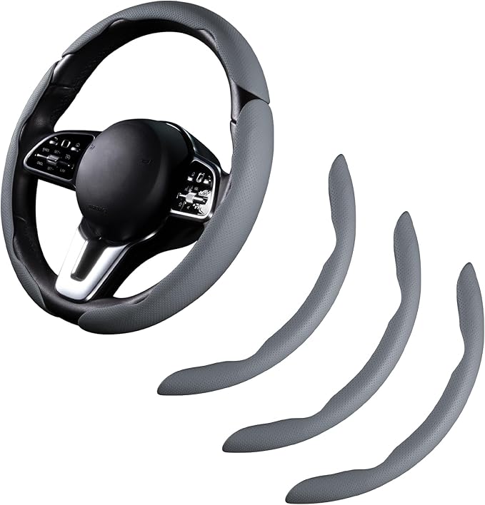 Car Steering Wheel Cover Leather Snap On 3Pcs Set Non-Slip Protector Wrap Steering Wheel Accessories 14.5-15 inch Universal G