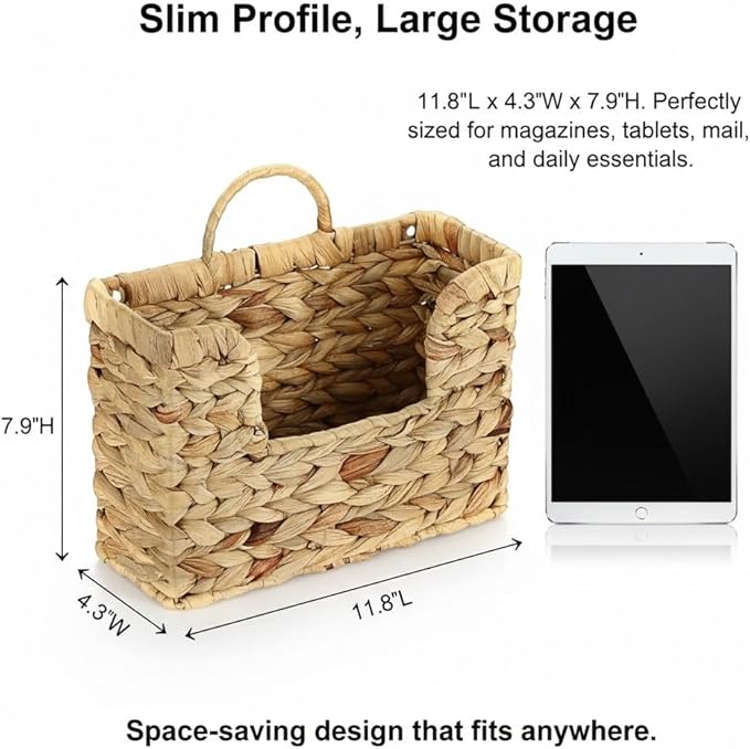 Handwoven Water Hyacinth Wall Basket Storage with Non-Trace Nails - Decorative Hanging Magazine File Holder & Mail Organizer 