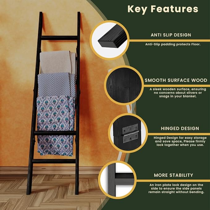 Decorative Wooden Blanket Ladder for the Living Room and Bedroom, 5ft 8 inch, Pine Wood Quilt Ladder, 6-Tier Wall Leaning Bla