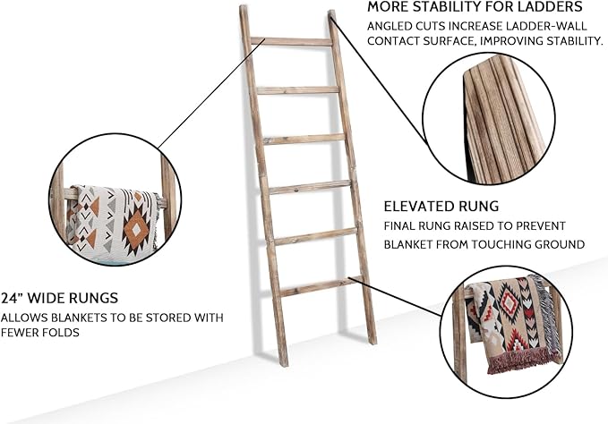 FUIN 6.4ft Extra Wide Wooden Blanket Ladder Living Room Decorative Wal Leaning Farmhouse Quilt Display Holder Rustic Wood Tow