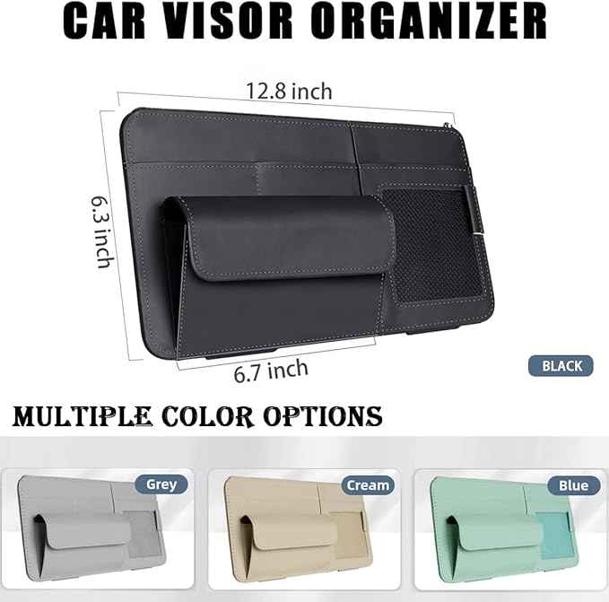 Car Visor Organizer, Multi-Pocket Sunvisor Storage with Sunglass Holder, Document Holder and Visor Card Clip, Fit for AUTO SUV & Truck, Leather Car Accessories Interior (Grey)