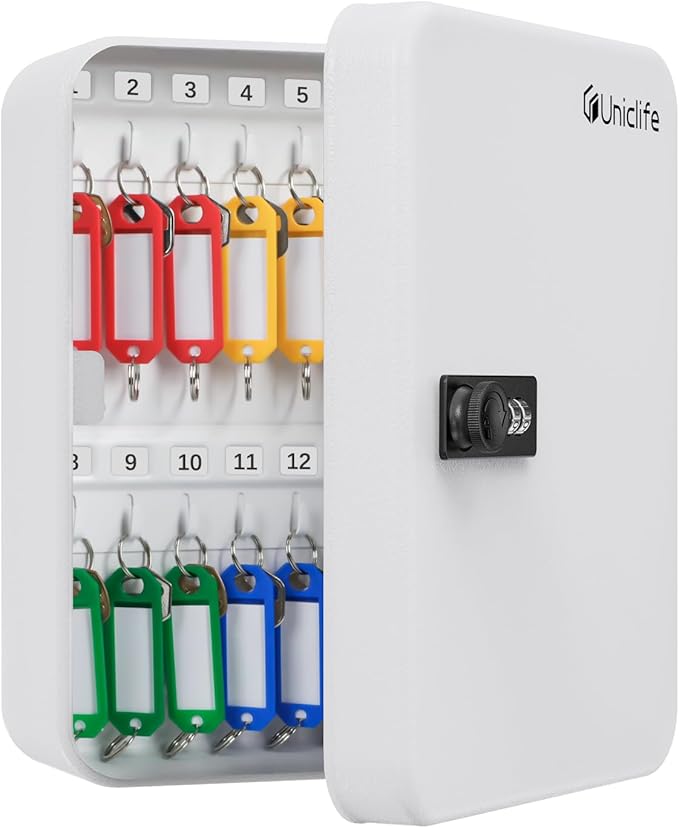 Uniclife 28-Key Steel Key Cabinet with Combination Lock Wall Mounted Key Organizer with Resettable Code White Digital Securit