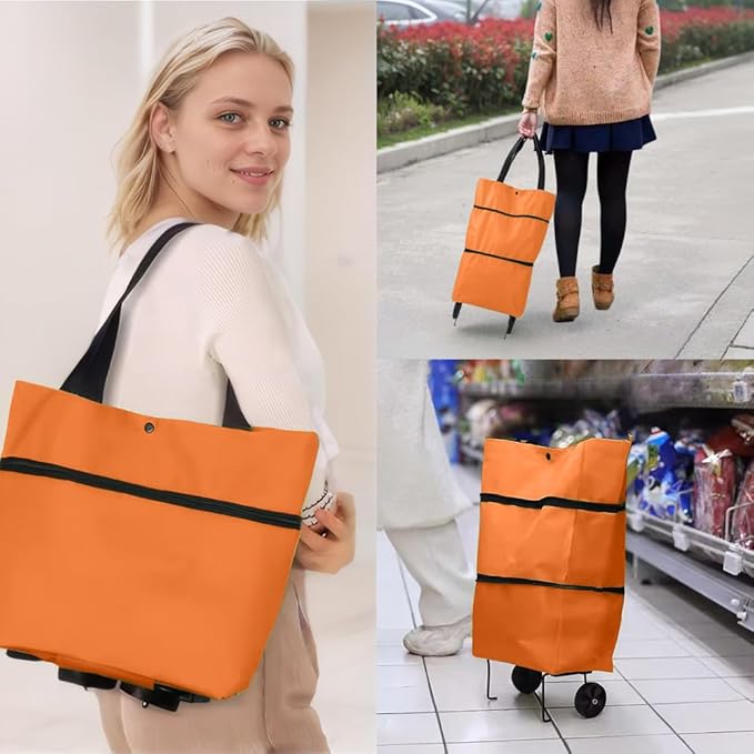 Collapsible Shopping Grocery Bag With Wheels Rolling Tote Bag With Wheels Large Reusable Foldable Shopping Cart(Orange,Large)