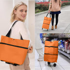 Collapsible Shopping Grocery Bag With Wheels Rolling Tote Bag With Wheels Large Reusable Foldable Shopping Cart(Orange,Large)
