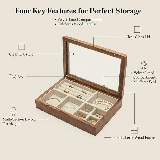 pandapark Wooden Jewelry Box with Glass Lid, Multi-Compartment Storage Display Case, Walnut Brown (Silver Walnut)