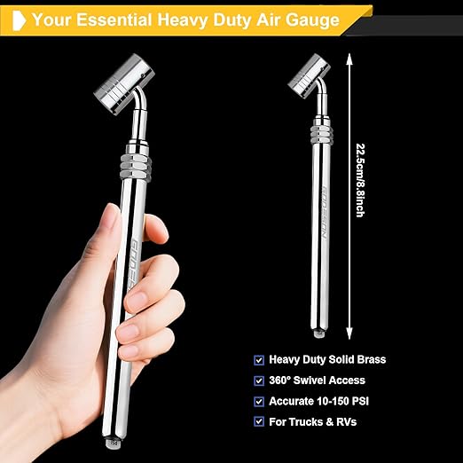 GODESON Heavy Duty Large Bore Tire Pressure Gauge,10-150 PSI & 12V1(.485"-26) Tire Gauge - 360° Swivel,Pro Grade Air Gauge for Large Trucks,Tractor,Heavy Equipment Vehicles