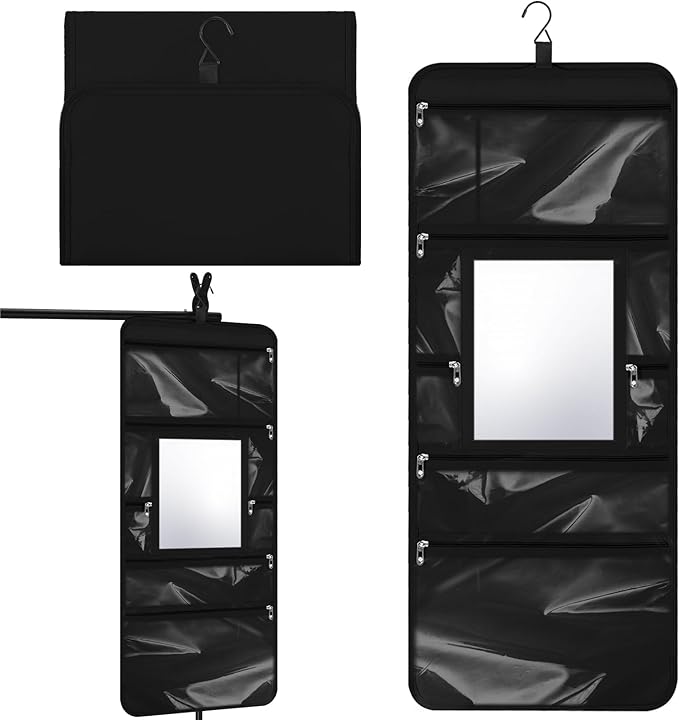 Hanging Toiletry Bag with Mirror for Men Women Travel Kit Large Foldable Beauty Dance Makeup Bag Organizer Storage Waterproof