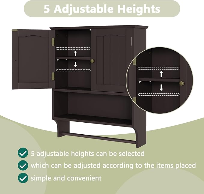 Smuxee Brown Wall Cabinet with Towel Bar - Medicine Cabinet with Adjustable Shelves, Over Toilet Cabinet for Laundry Room