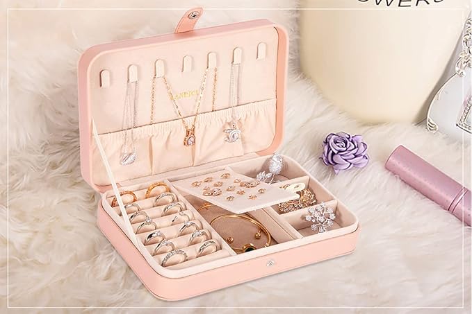 LANDICI Small Jewelry Box for Women Girls, PU Leather Travel Jewelry Case, Portable Jewelry Organizer Storage Holder Display 