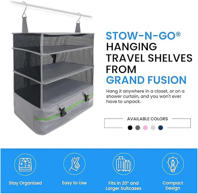 Grand Fusion Stow-N-Go Packing Organizer for Luggage, Portable Hanging Travel Shelves, Carry-On Closet, Hanging Packing Cubes