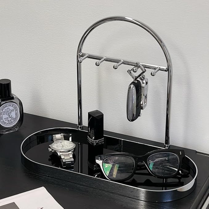 Shinpuru Metal Jewelry Organizer Stand & Key Holder Tray with Acrylic Base, Key Stand and Jewelry Tray with 5 Hooks, Perfect 