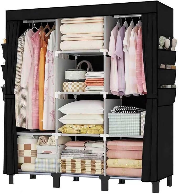 Portable Wardrobe, Clothes Organizer, Easy Hanger Wardrobe, Multiple Dividers and 3 Drawers, 6 Side Pockets Large Capacity (B