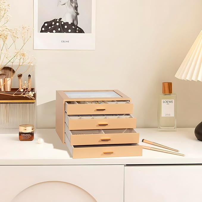 Jewelry Box with Glass Lid, 4-Layer Jewelry Organizer for Women Girls, PU Leather Display Case with 20-Grid Earring Tray & Mo