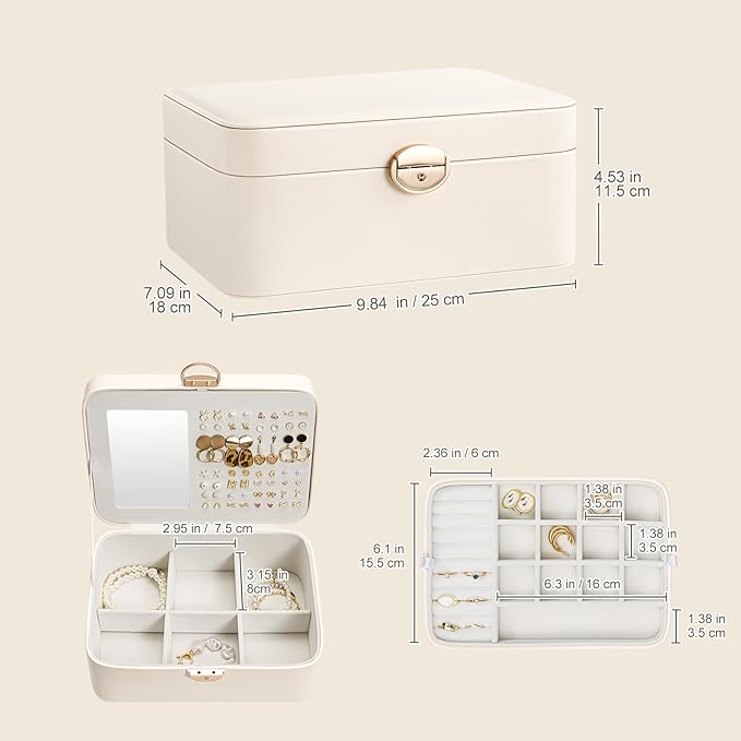 Lolalet 2 Layer Jewelry Box with Lock and Key for Teen Girls & Young Women, Jewelry Organizer Case with Round Clasp and Mirro