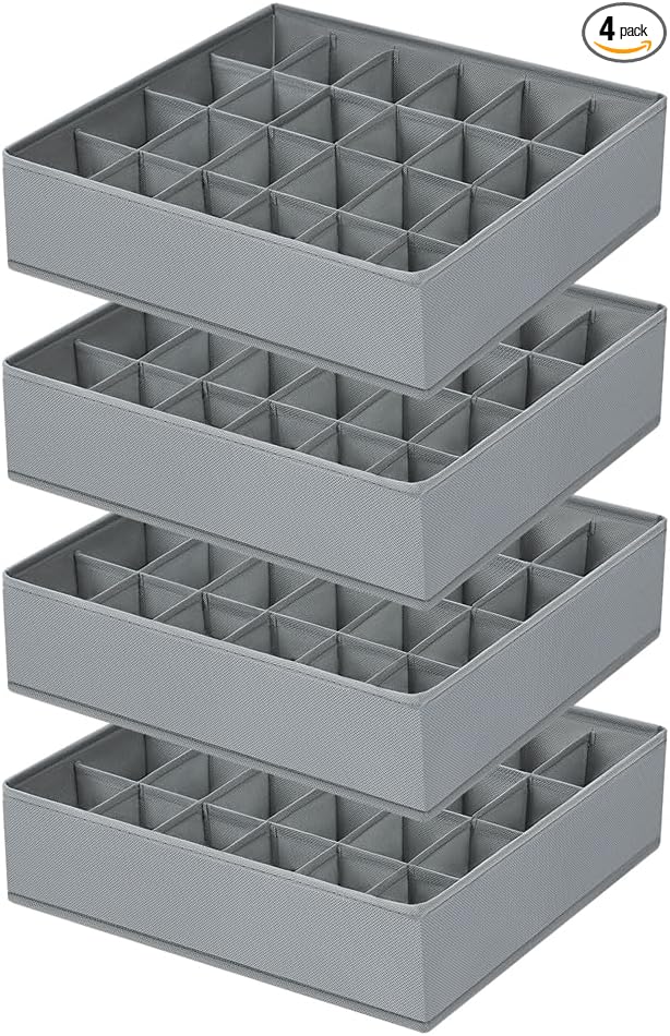 Sock Organizer 4 Pack, 24 Cell Underwear Organizer Foldable Underwear Storage, Sock and Underwear Drawer Organizer for Socks 
