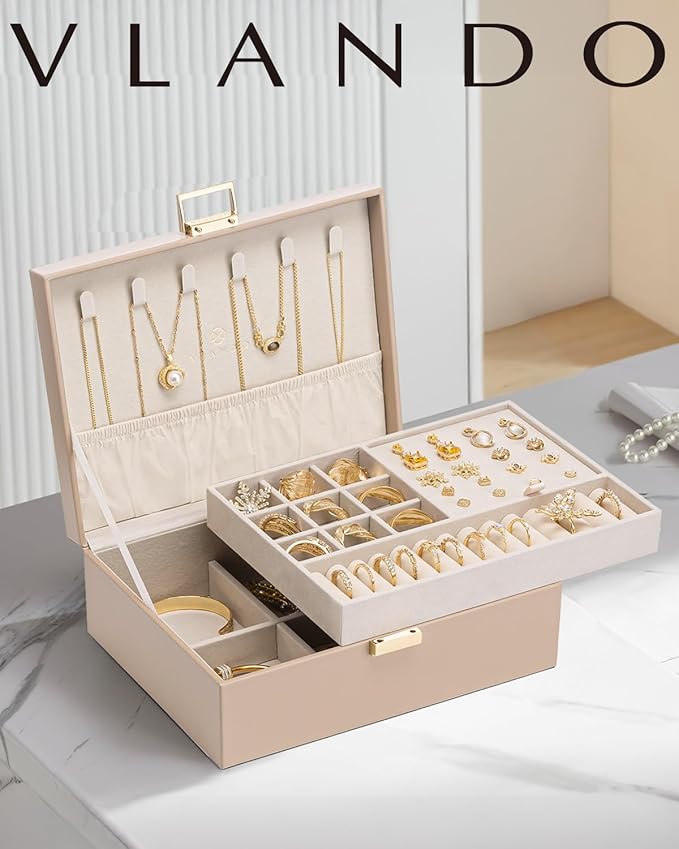 VLANDO Jewelry Box for Women, Gift for Women Girls,2 Layer Jewelry Box,Large Jewelry Organizer for Women Removable Jewelery T