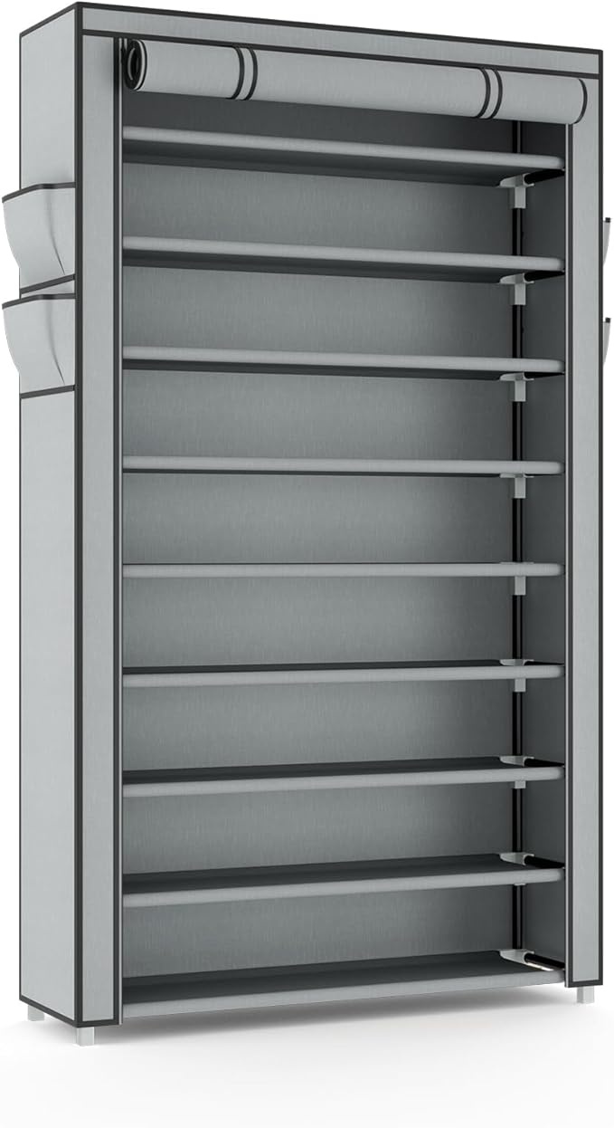 VILICK Shoe Rack with Cover Narrow Shoe Organizer with Pockets 10 Tier Tall Shoe Storage Holds 36-41 Pairs Shoes and Boots Sh
