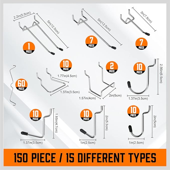 HORUSDY 150 PCS Pegboard Hooks Assortment Kit – 15 Types Heavy Duty Pegboard Accessories with Bins – Fits 1/8 & 1/4 Inch Pegb