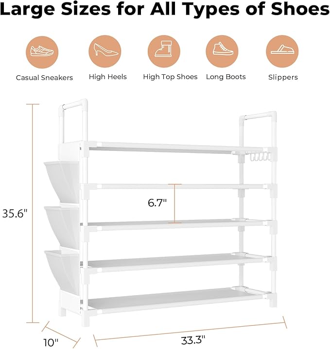 5 Tier Shoe Rack, Shoe Organizer Storage for 20-25 Pair Boot and Sneaker, Stackable Free Standing Shoe Shelf with Hooks and S