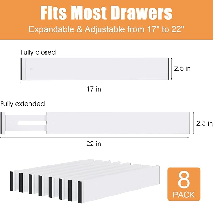 Bamboo Drawer Dividers,17-22" Adjustable Kitchen Drawer Organizer for Clothes,8 Pack Expandable Drawer Organization Separator