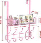 Coat Rack, Over The Door Hanger with Mesh Basket, Detachable Storage Shelf for Towels, Hats, Handbags, Coats (Pink)