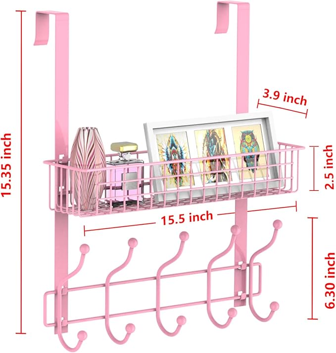 Coat Rack, Over The Door Hanger with Mesh Basket, Detachable Storage Shelf for Towels, Hats, Handbags, Coats (Pink)
