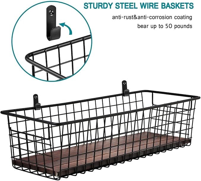 4 Set [Extra Large] Portable Metal Farmhouse Wall Decor Storage Organizer Basket Bin with Handles and Floating Shelves for Ha