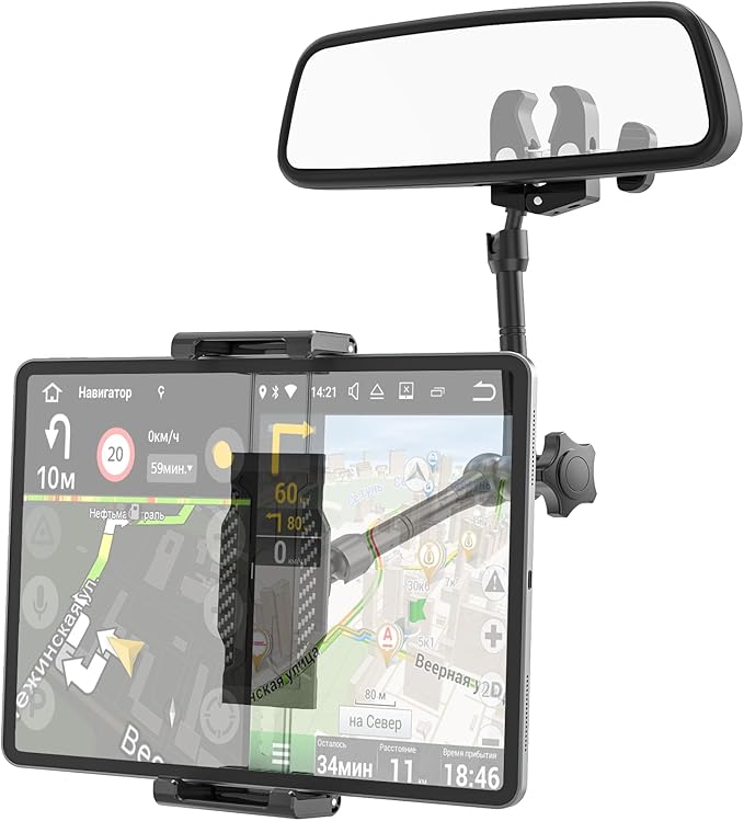 Rearview Mirror Tablet Holder- Metal Long Arm 360° Rotation and Folding, Rear View Mirror Tablet Holder, Fit Thick Cases (Deep Max 1.18'') for iPad Pro Air Mini, Galaxy Tab, iPhone, 6-15.6'' Devices