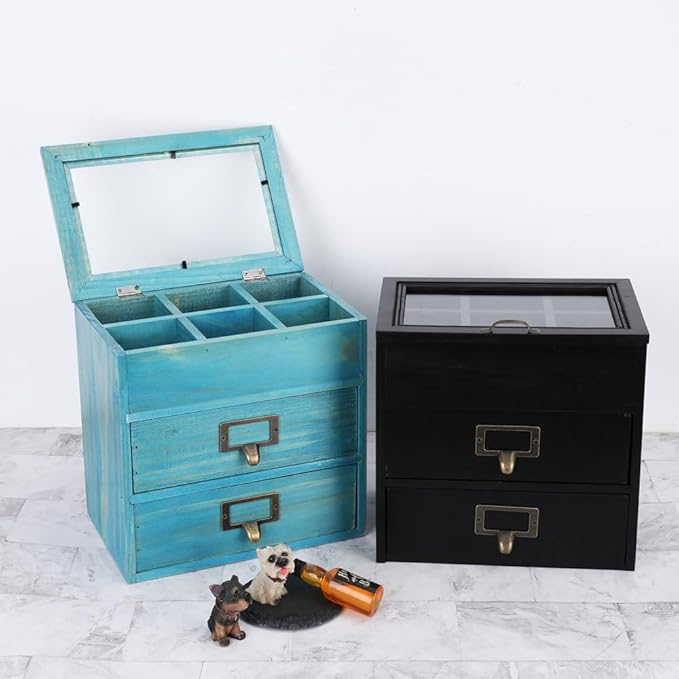 Wooden Storage Box Wooden Desk Organizer with 2 Drawers and 6 Grids Apothecary Drawers Small Wooden Drawers Small Craft Stora