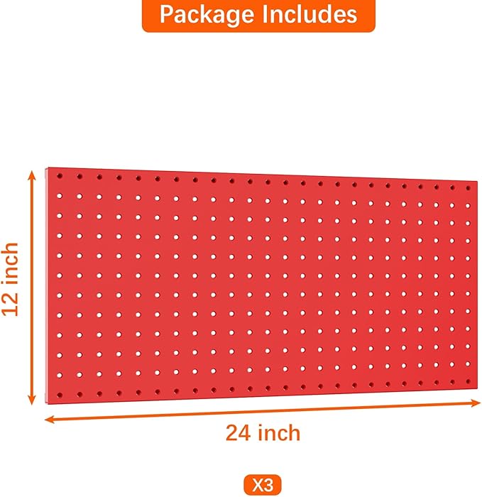 TORACK 3 PCS Metal Pegboard Panels(12x24 inch) for Wall Garage Tools Storage Pegboard System for Workbench, Modular Peg Board