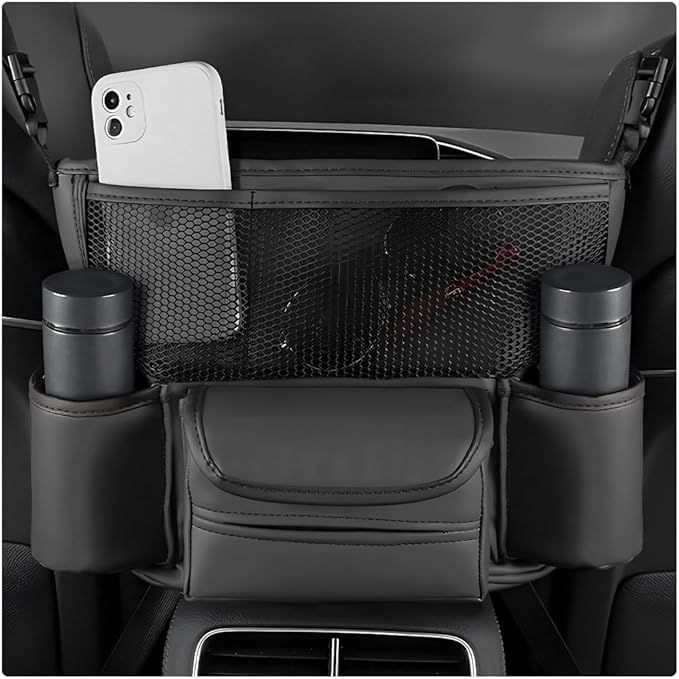 Car Handbag Holder Between Seats, Large Capacity Leather Organizer Auto Purse Holder with Tissue Box, Double-Sided Central Storage Bag Front Seat Barrier for Most Vehicles (Black)