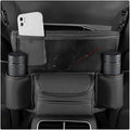 Car Handbag Holder Between Seats, Large Capacity Leather Organizer Auto Purse Holder with Tissue Box, Double-Sided Central Storage Bag Front Seat Barrier for Most Vehicles (Black)