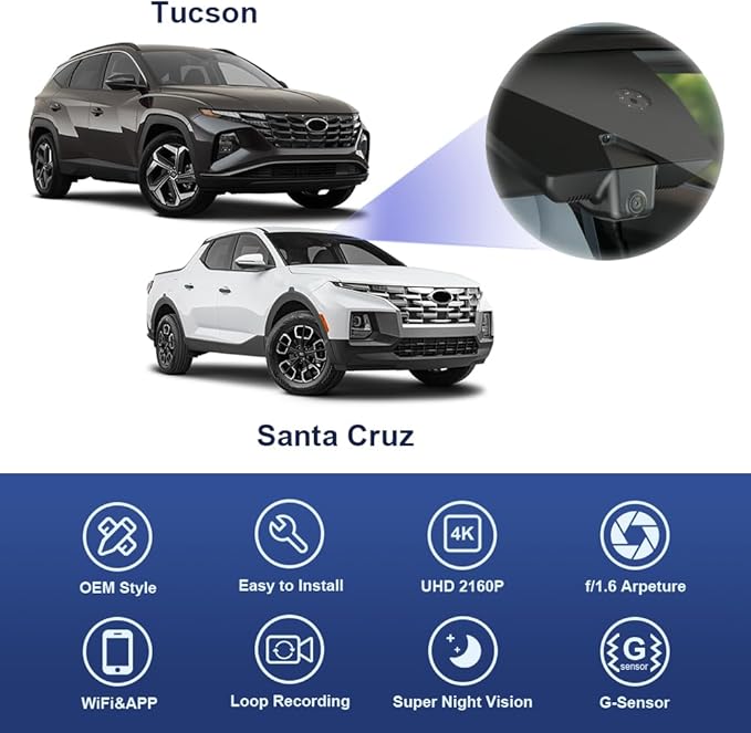 Fitcamx 4K Dash Cam Adapts for Hyundai Santa Cruz & Tucson 2022-2026 (Part NO#N9000), OEM Factory Look, UHD 2160P Video, Buil