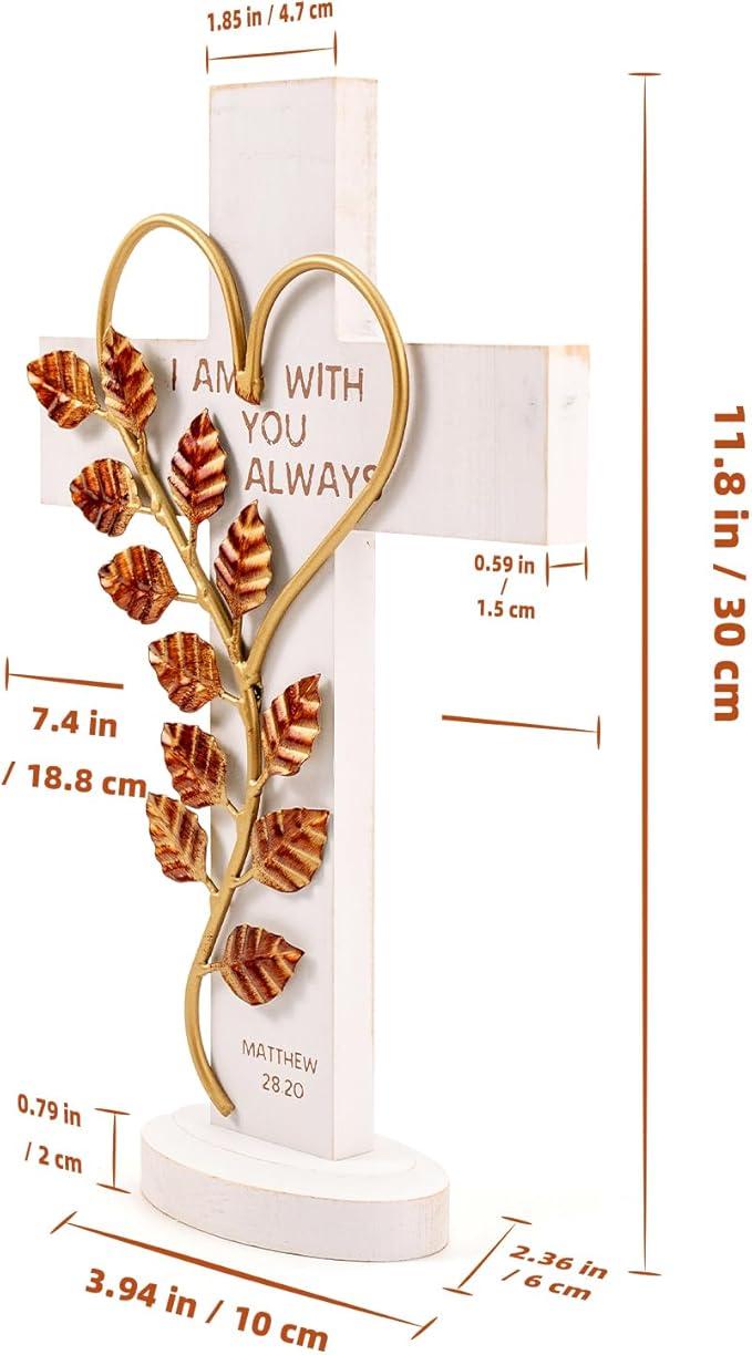Wooden Wall Cross with Iron Heart Leaf Decorated with Hook and Base Hanging Wall Or Table Cross with Matthew 28:20 For Church