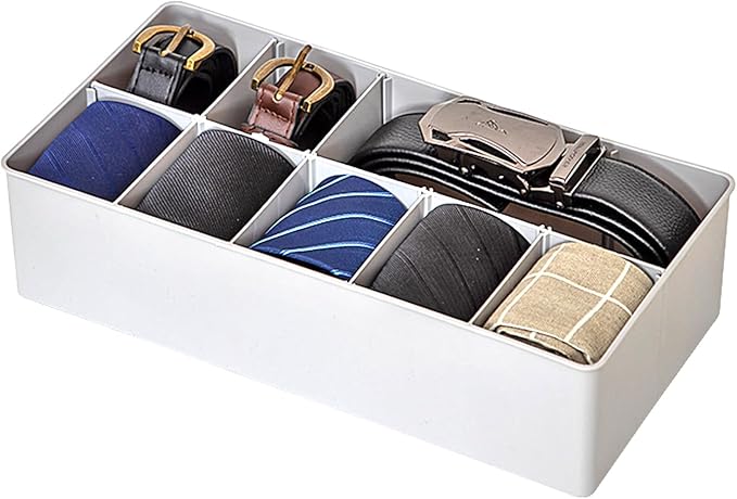 Plastic Belt Organizer, 10 Section Drawer Organizer for Storage Belt, Ties, Underwear and Socks, White Removable Dividers Sto