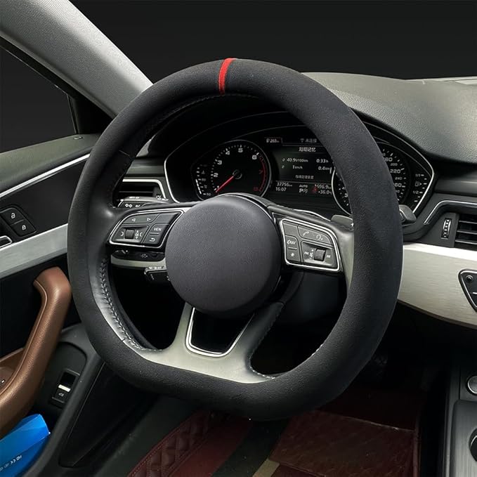 Carodi Suede Steering Wheel Cover ，Non-Slip Leather Car Interior Fitting 15-inch Universal（D-Shape,Black red Label）