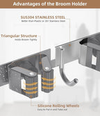 Broom Holder Over The Door-304 Stainless Steel Mop and Broom Holder Wall Mounted or Hanging Over The Door with Hooks - Broom 