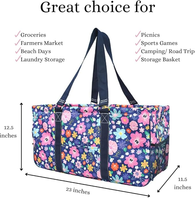 NGIL Extra Large Utility Tote Reusable Grocery Bag Oversized Collapsible for Groceries, Storage, Picnic, Beach (Lilac Floral- Navy)