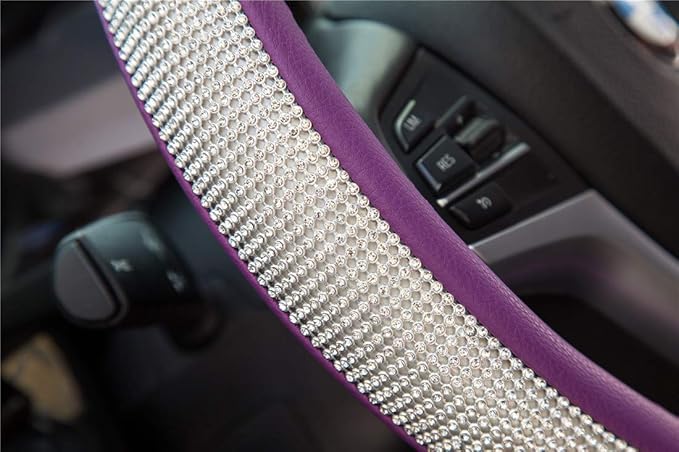 New Diamond Leather Steering Wheel Cover with Bling Bling Crystal Rhinestones, Universal Fit 15 Inch Car Wheel Protector for 