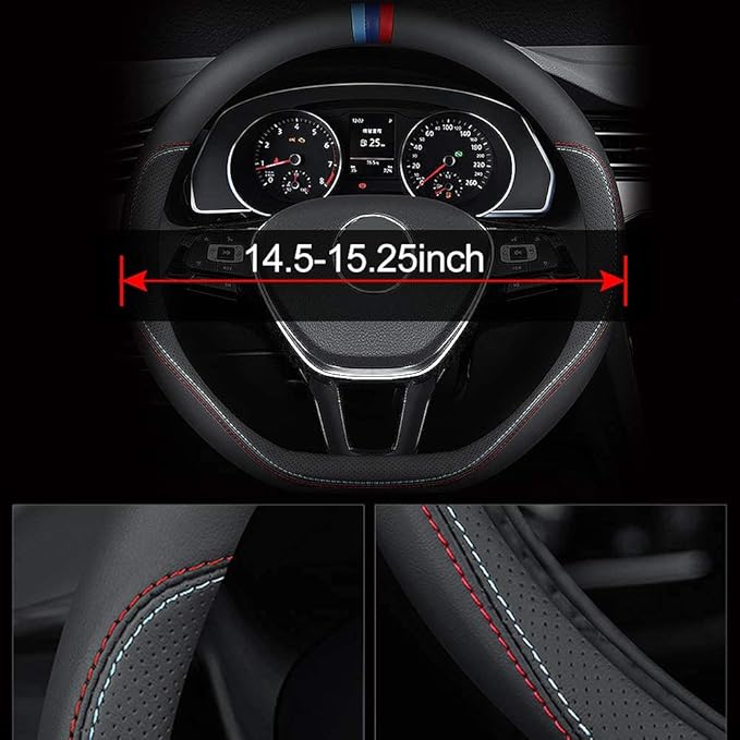 Carodi Latest Nappa Leather car Steering Wheel Cover, Stylish Non-Slip Leather car Interior 15 inches Universal (D-Shape,Blac