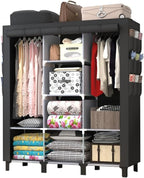 Portable Wardrobe with 10 Storage Racks and 2 Hanging Poles 6 Side Pockets Fleece Cover, Size 130 x 45 x 172 cm, Bedroom Clos