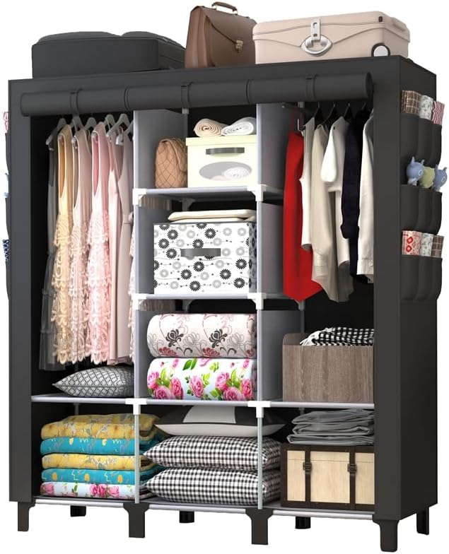Portable Wardrobe with 10 Storage Racks and 2 Hanging Poles 6 Side Pockets Fleece Cover, Size 130 x 45 x 172 cm, Bedroom Clos